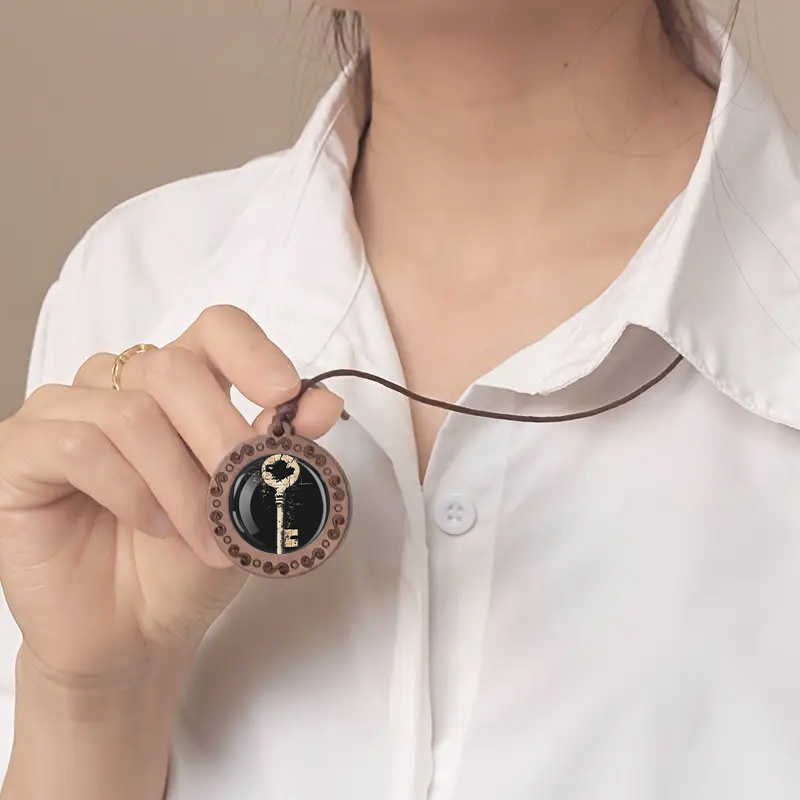 Vintage Key Pendant Necklace with Rustic Wood Chain